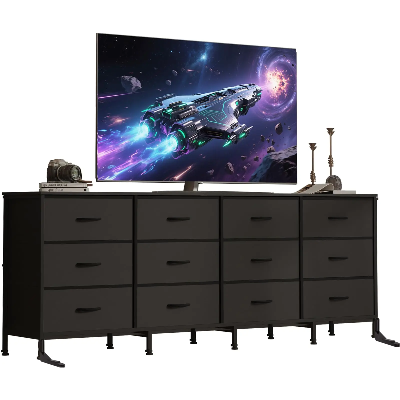 GARVEE 70 Inch Black Dresser TV Stand with 12 Fabric Drawers, Long Entertainment Center for 80 Inch Screens, Media Console Table with Charging Station and Storage for Bedroom, Living Room, Entryway
