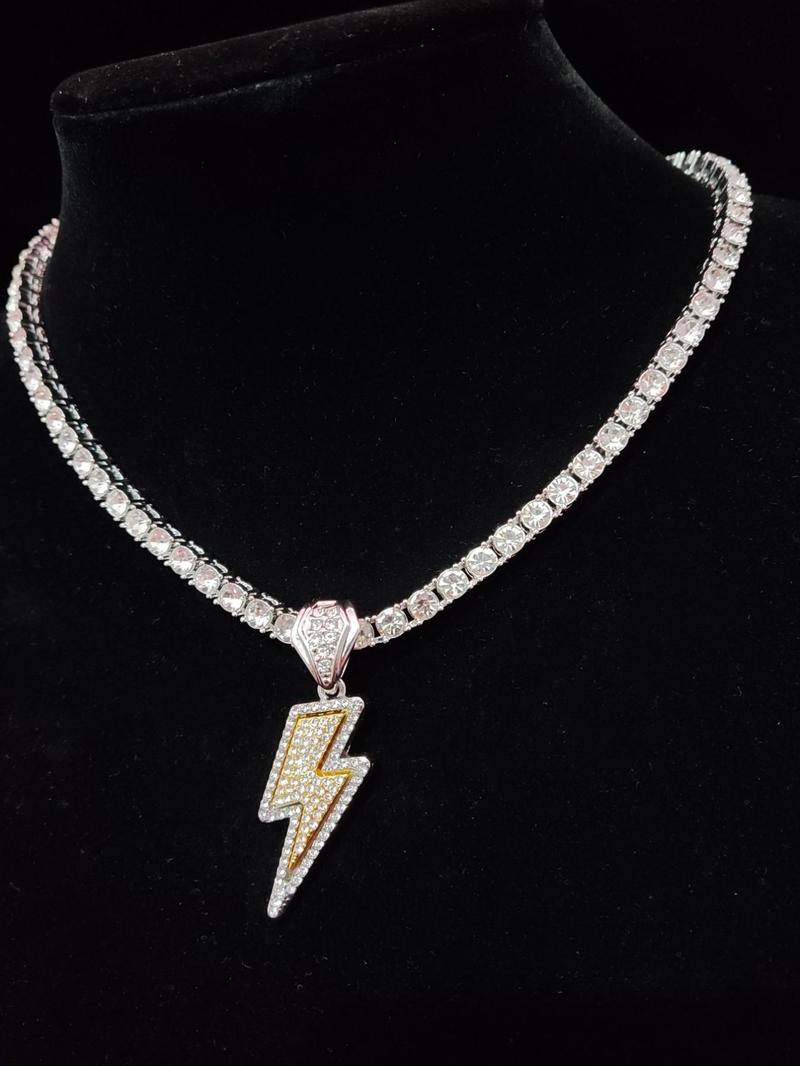 Y2K Trendy Rhinestone Lightning Shaped Pendant Necklace for Men & Women, Hip Hop Street Jewelry As Gift, Fashion Cute Jewelry for Daily Outfit