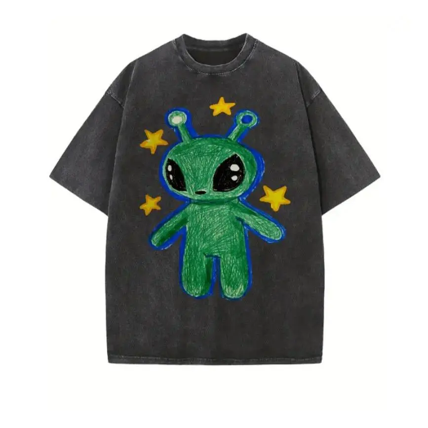 Cute Alien Unisex Vintage Washed Tee - Hand-Drawn Style Green Alien & Stars Graphic Oversized Streetwear Casual Top