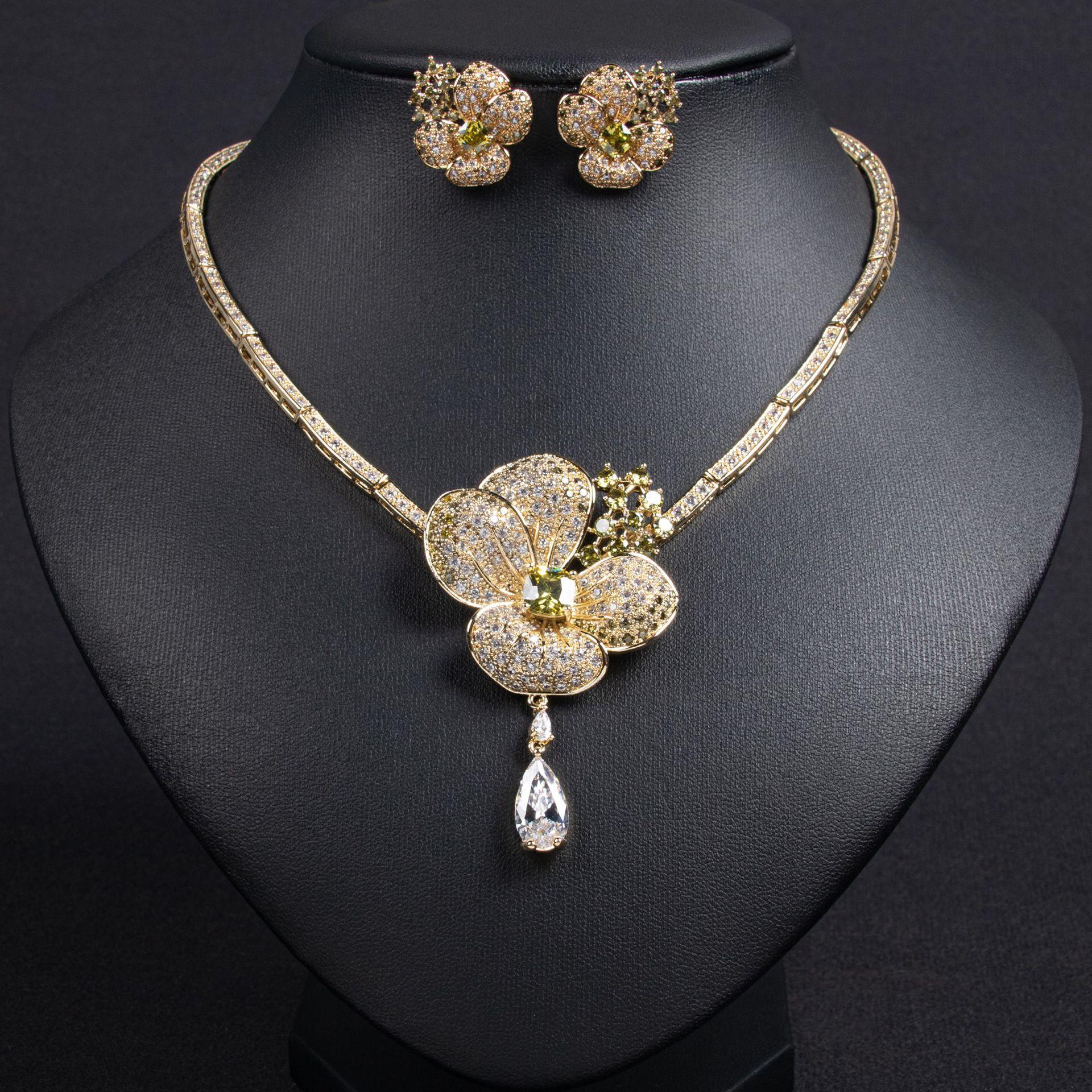 Luxury Floral Zircon Jewelry Set, Bridal Wedding Necklace & Earrings, Statement Bridal Prom Accessory