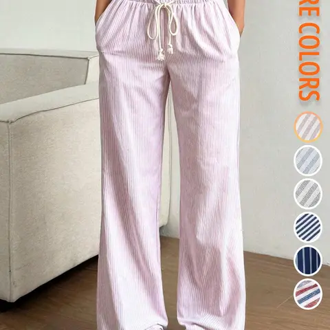 Low-Waist Drawstring Wide-Leg Oversized Trousers, Fashionable Casual Women's Long Pants, Loose-Fitting Striped Design, Unlined Comfort