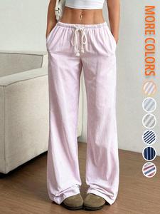 women's striped print tie waist pants, casual comfy minimalist basic loose wide leg trousers for summer, women's bottoms for daily wear, womenswear