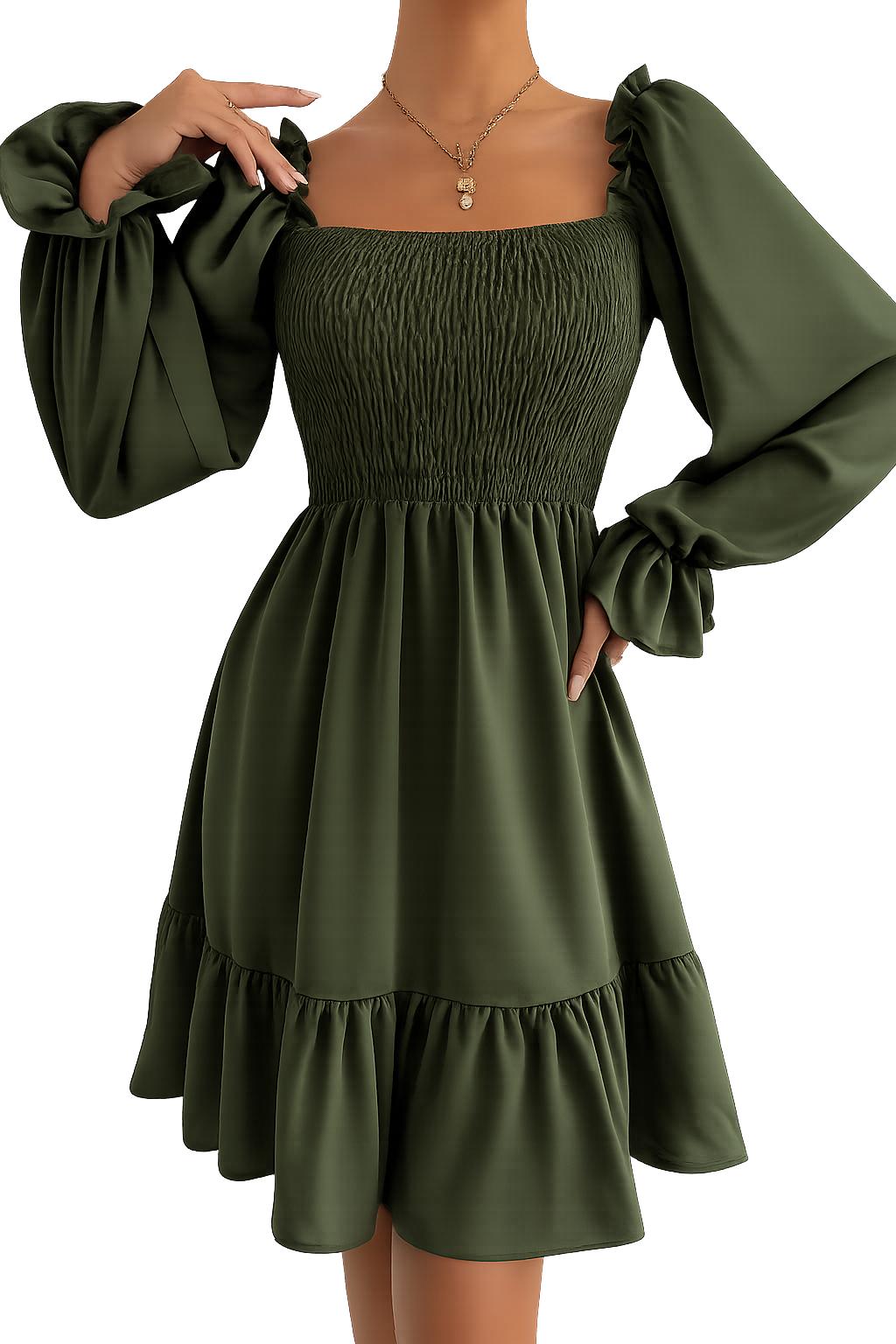 2026 Simple Square Collar Parallel Crepe Dress Body Frill Hem Skirt Dress