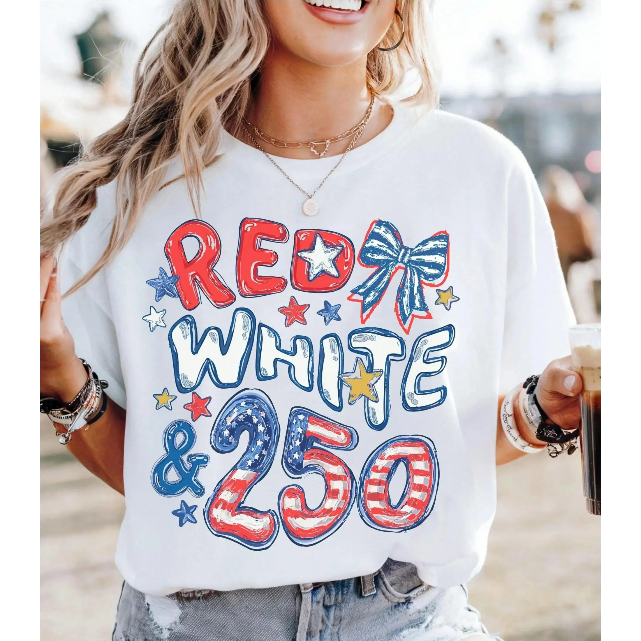 [ ] 250th Anniversary Shirt, Red White And 250 Tee, 4th Of July Shirt, Preppy Patriotic Tee, USA America Shirt, Flag Tshirt, American Girl, Casual Women's T-Shirt