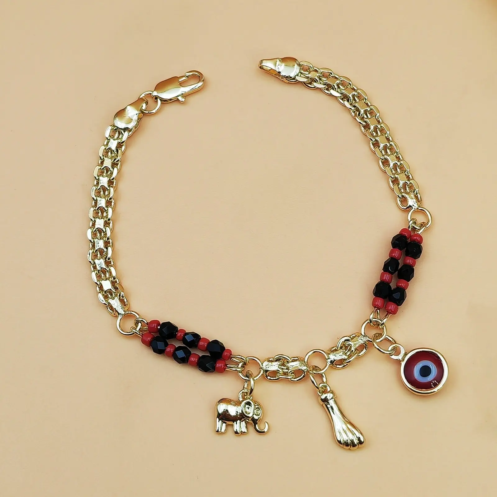 Double Layer Gold Chain Evil Eye Bracelet, Red Heart Enamel Charm Wrist Bracelet, Turkish Protection Amulet Jewelry, Adjustable Buckle Bracelet for Men Women Daily Party Gift