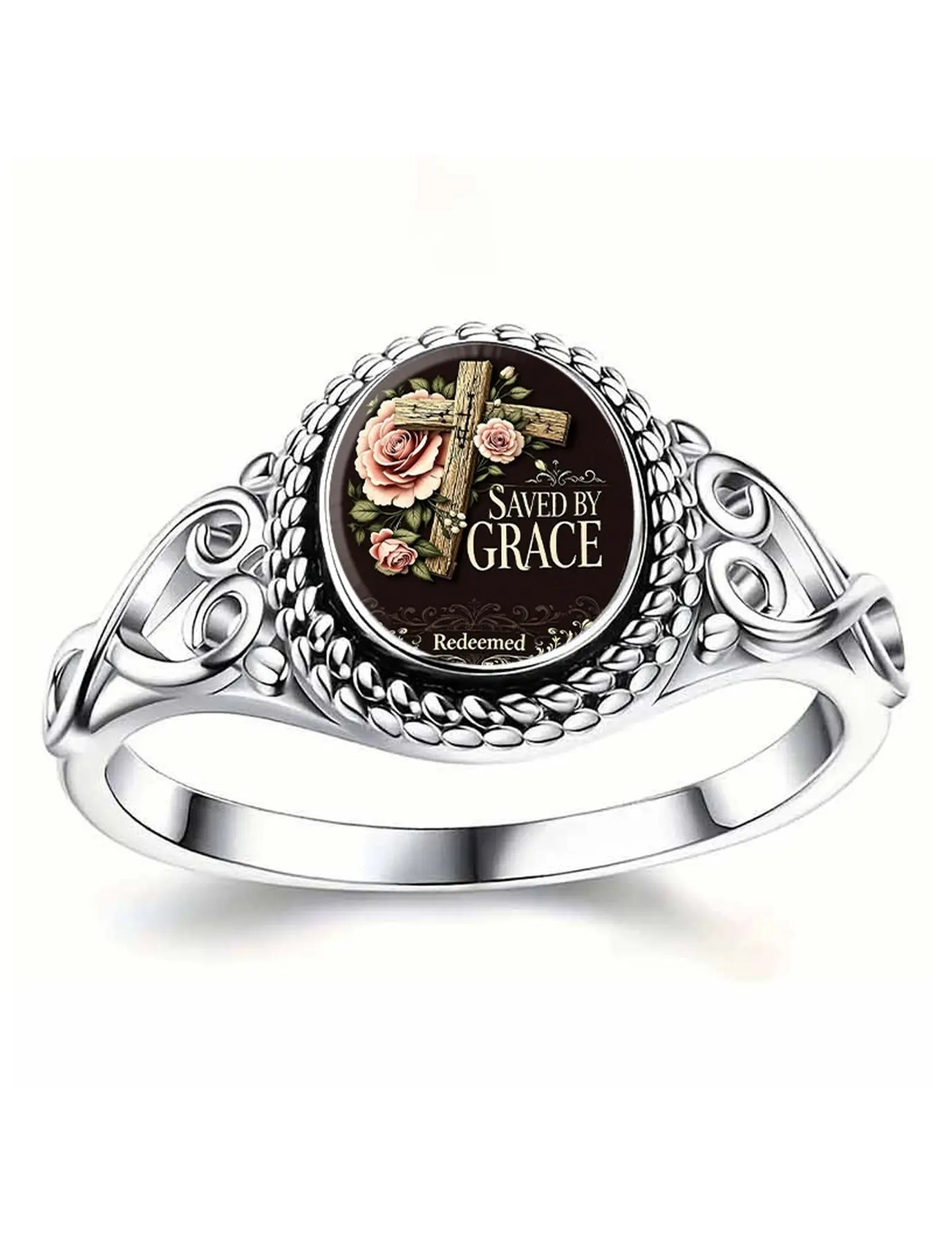 Retro hollowed-out ring, featuring cross and rose graphic patterns, symbolizing grace received and soul redeemed. It is serene and dignified, suitable for daily wear and as a gift.