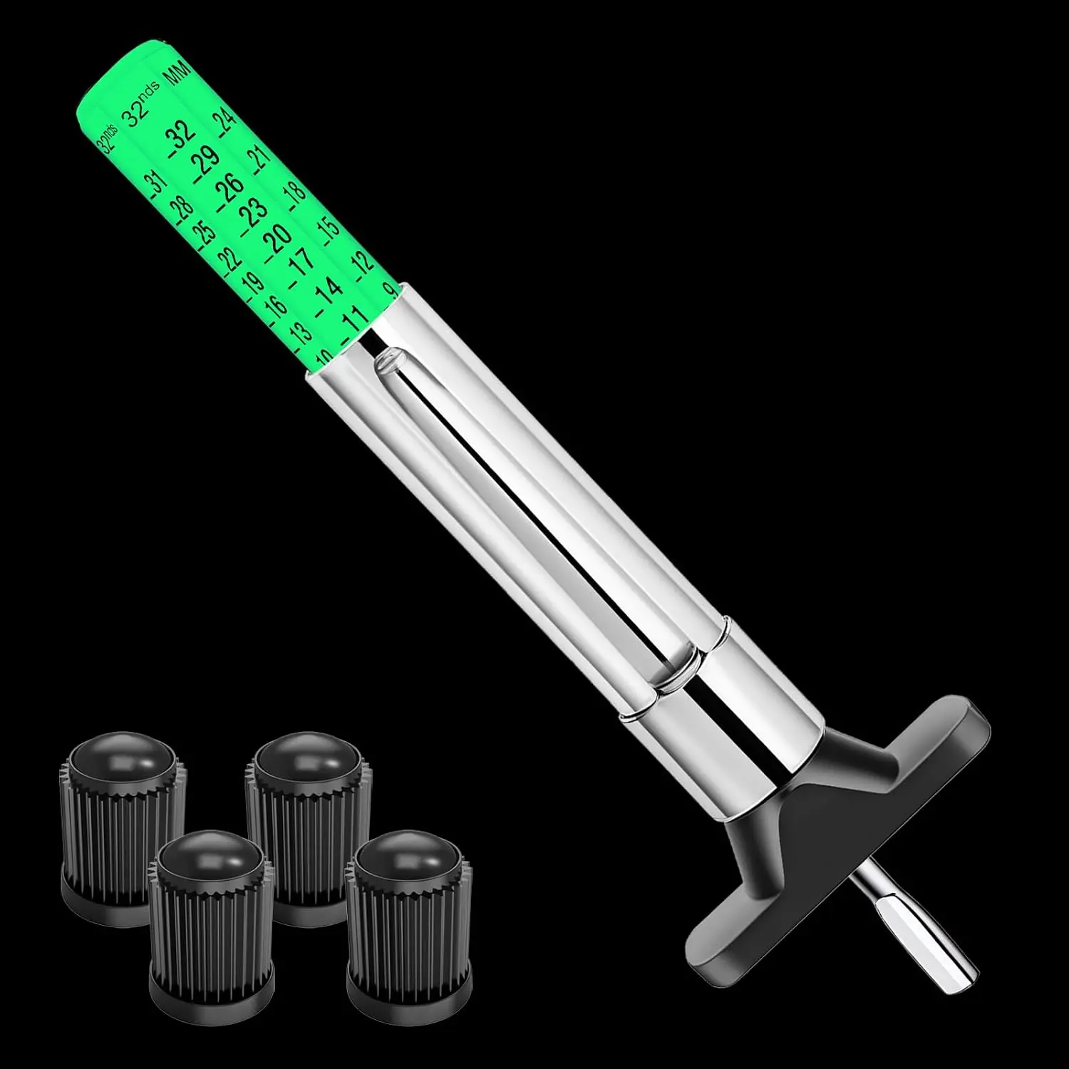 Tire Tread Depth Gauge 1/32 Inch & 25mm, 6-Sided Color Coded Tread Depth Gauge with Pocket Clip,  Scale for ,,,Glow-in-The-Dark