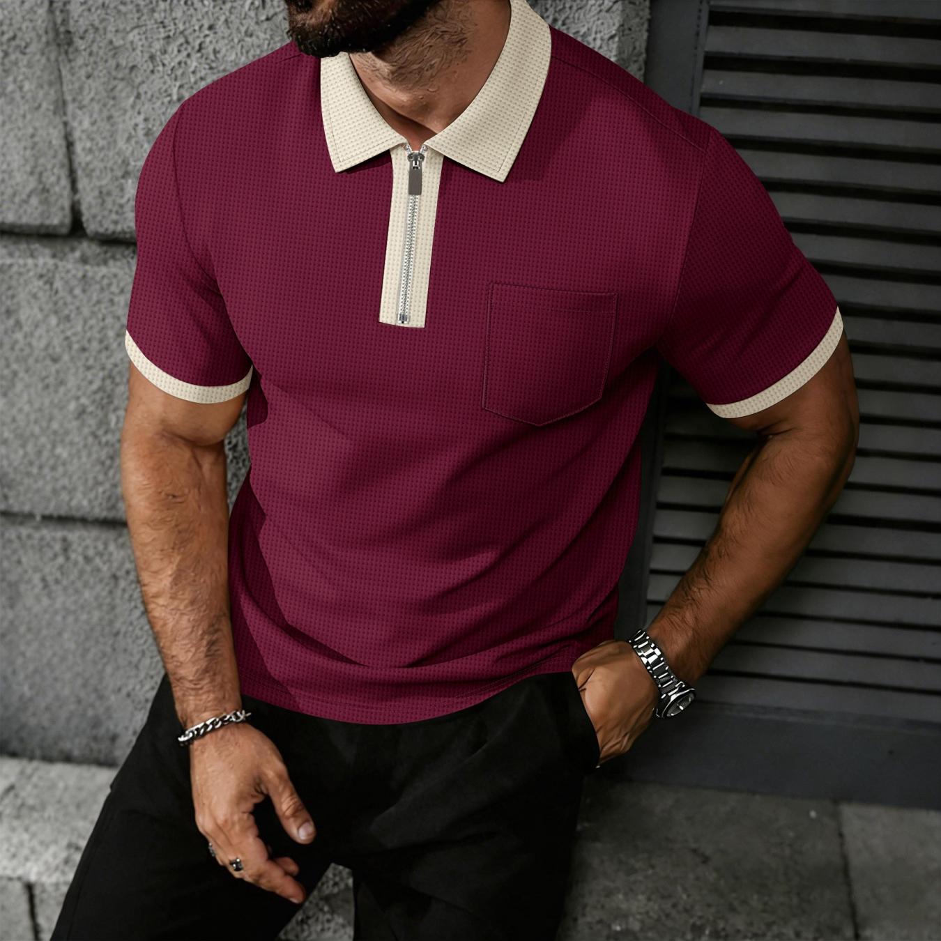 Men's Zip Up Polo Shirt Men's T- Shirt With Chest Pocket Contrast Collar Cuff Waffle Knit Breathable Lightweight Soft Comfortable Durable Casual Versatile Fashion For Young Adult Summer Daily Wear Commute Business