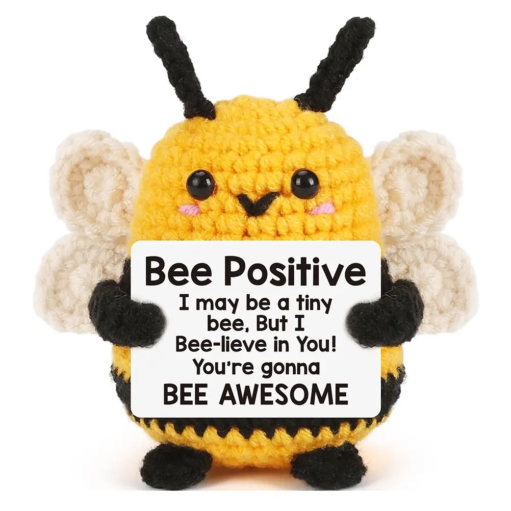 1pc Mini Cute Crocheted Positive Bee, Creative Plush Holiday Gift Desktop Decoration Ornaments, Inspiring and Encouraging Friends' Positive Duck Penguin with Positive Energy Card, Christmas Stocking Filling Gift