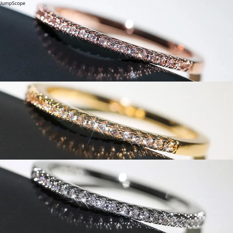Three Tone Half Eternity Cubic Zirconia Stackable Band Ring, Gold Silver Rose Gold Plated Dainty Micro Pave Thin Wedding Ring, Minimalist Slim Finger Jewelry for Layering Styling, Daily Wear & Romantic Gift Giving