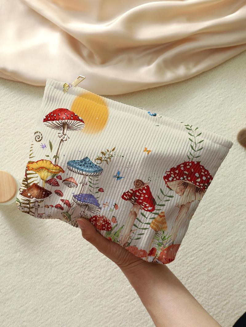 Cute Mushroom & Butterfly Pattern Makeup Bag, Multifunctional Large Capacity Storage Bag, Zipper Corduroy Makeup Bag for Travel & Daily Use, Handheld Cosmetic Pouch