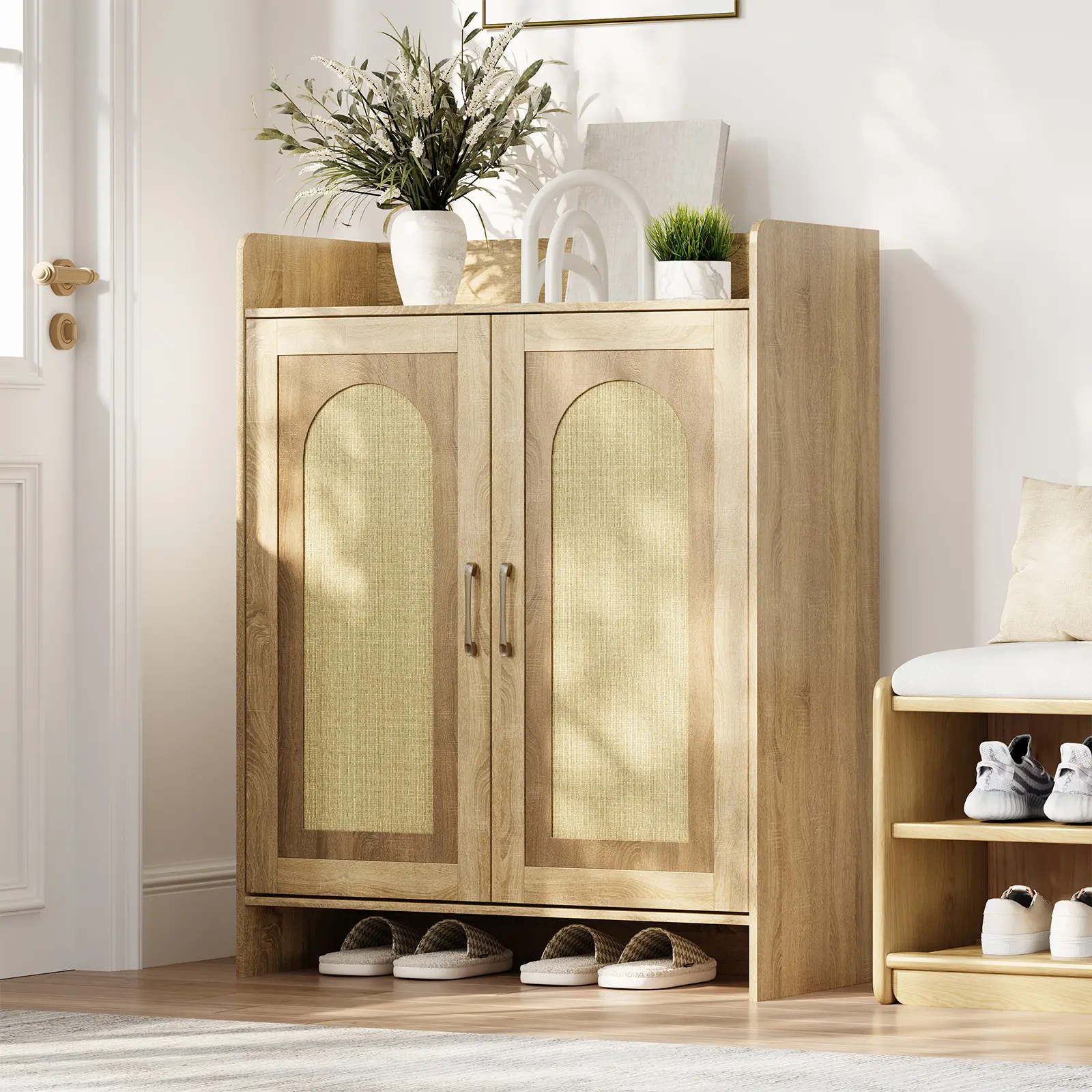 Modern Rattan Shoe Cabinet with Doors – Hidden Wooden Storage Organizer – Compact Closed Shoe Rack for Entryway, Hallway, Living Room