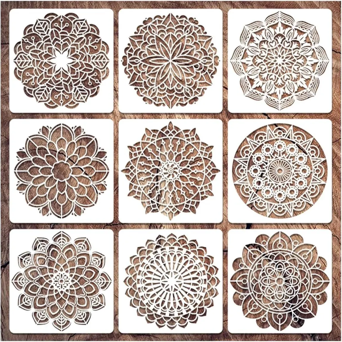 9 Pack 12 inch Reusable Mandala Stencils for Painting Drawing Templates for Wood Floor Wall Canvas Tile Fabric for DIY Art Projects & Home Decor