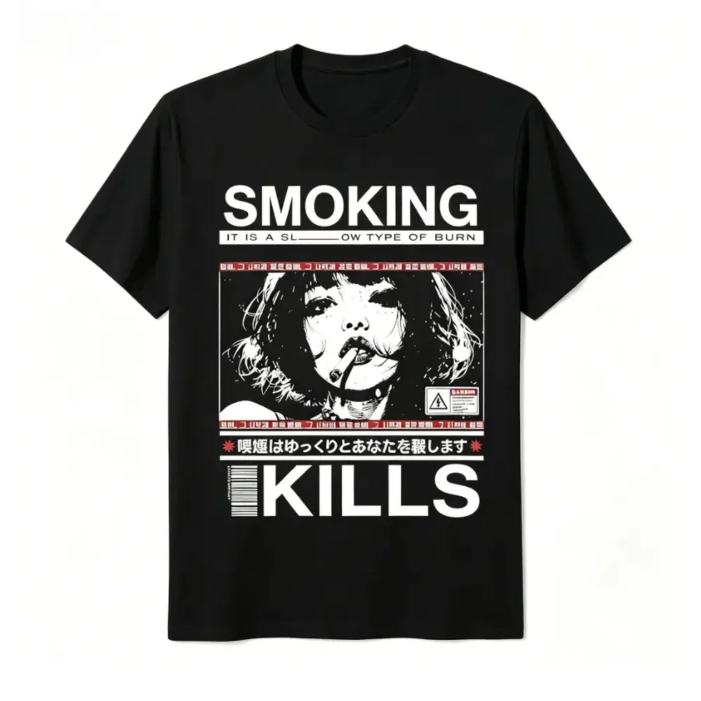 Retro Manga 'Smoking Kills' Graphic T-Shirt, Unisex Soft Breathable 100% Cotton Shortsleeve Casual Tee