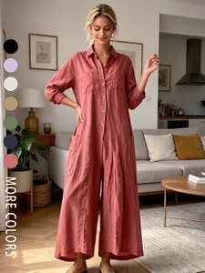 Women's Fashion Lazy Style Casual Loose Fit Slimming Wide-Leg Button Front Overalls Bodysuit with Flap Lapel and Single Row Buttons, Suitable for All Seasons, Ideal for Short Trips, Cafe Visits, Library, and Comfortable Home Wear