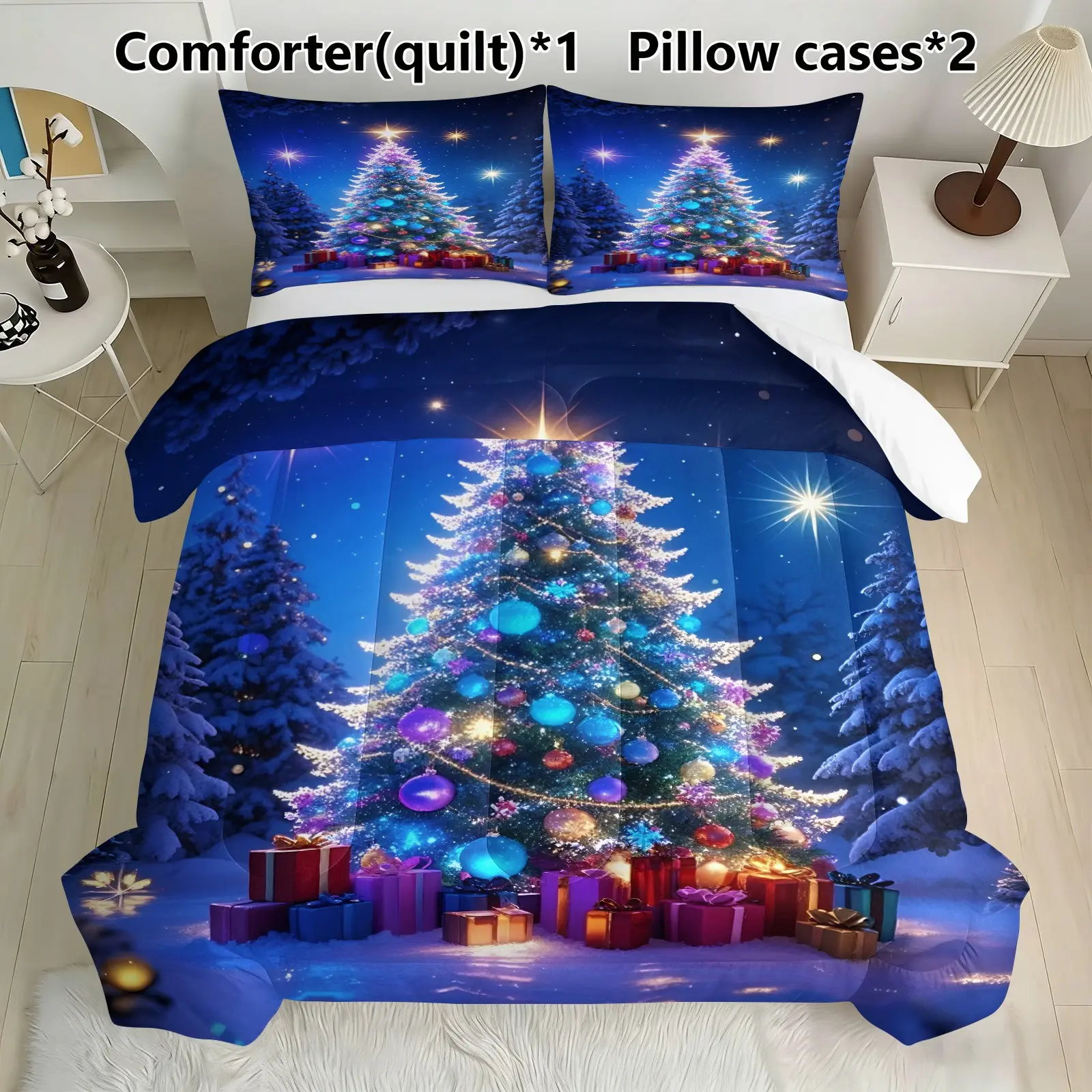 3-Piece Snowy Christmas Tree Quilt Set, Includes Quilt and 2 Pillowcases, Digital Print, Bed Decor for Kids and Adults