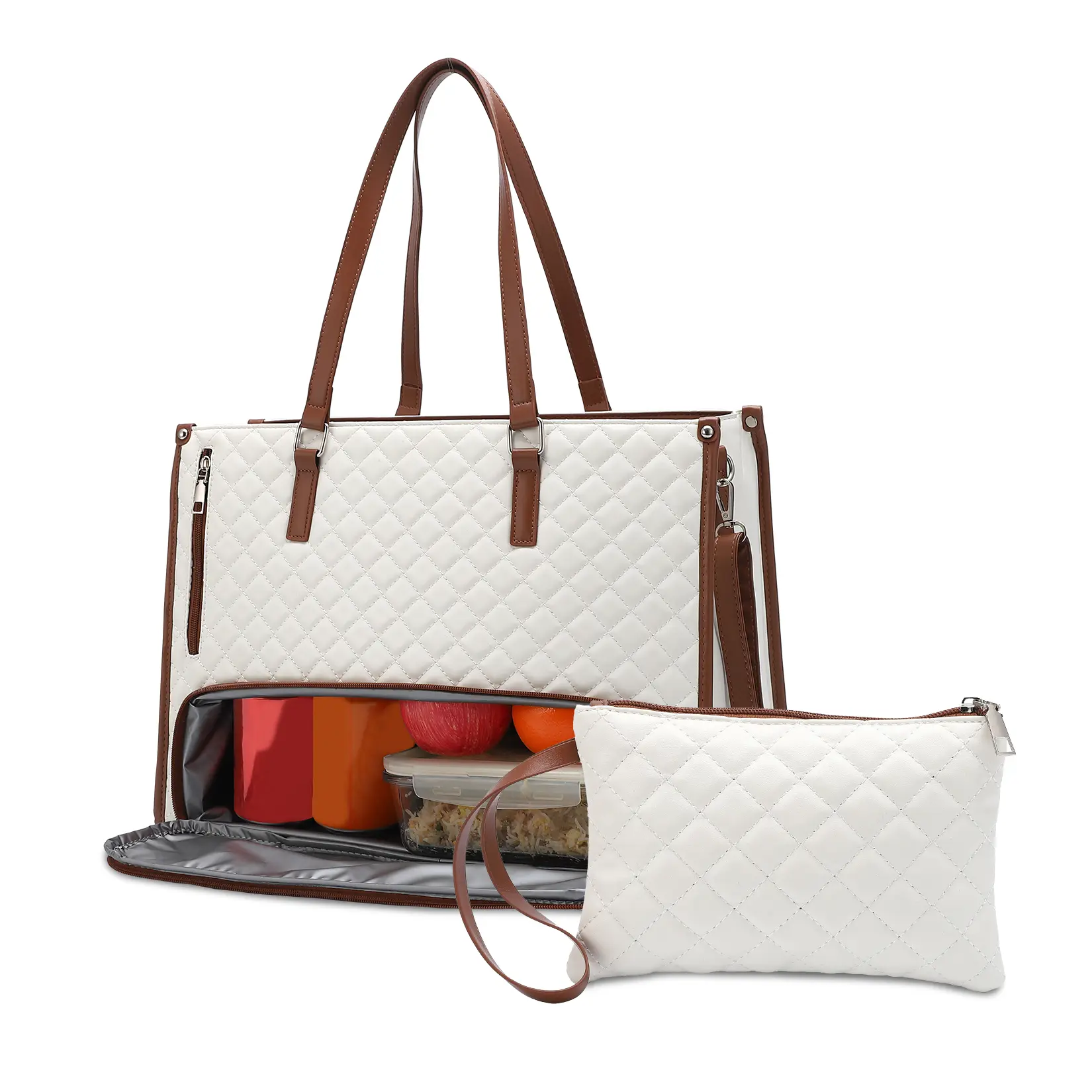 PU Leather Work Tote Bag with Insulated Leakproof Lunch Compartment and Wristlet, 16.5" Laptop Briefcase – Multi-Functional Lunch Bag for Office, Travel & Casual Use