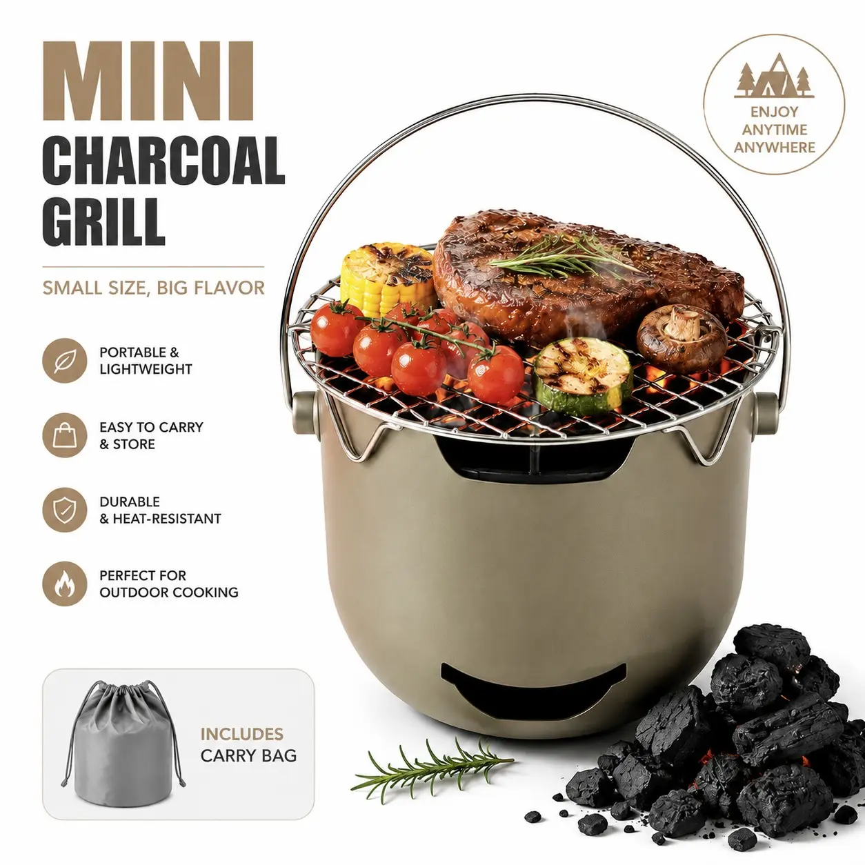 Portable Charcoal Grill for Outdoor Cooking, Mini BBQ Grill for Camping, Picnic & Backyard, Compact Tabletop Grill for Steak, Burgers & BBQ Lovers
