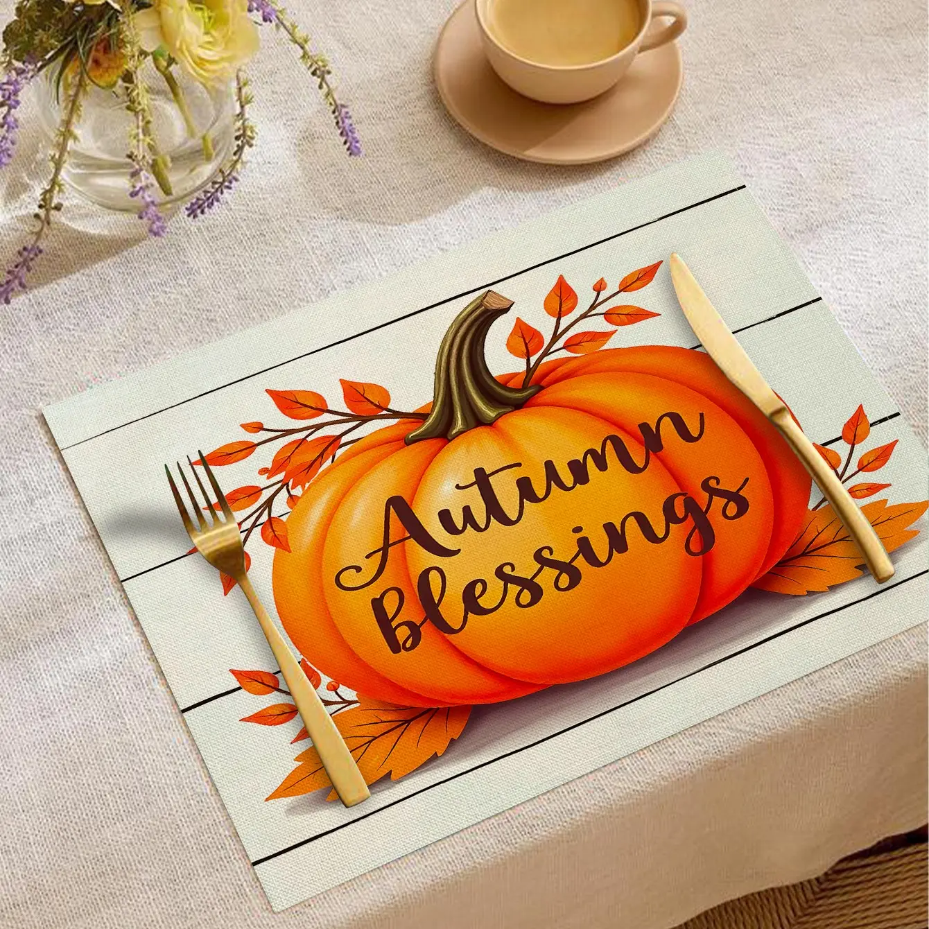 Autumn Thanksgiving Harvest Pumpkin Print Table Placemats, Heat Resistant, Minimalist Style, Ideal for Festive Dinners and Daily Use