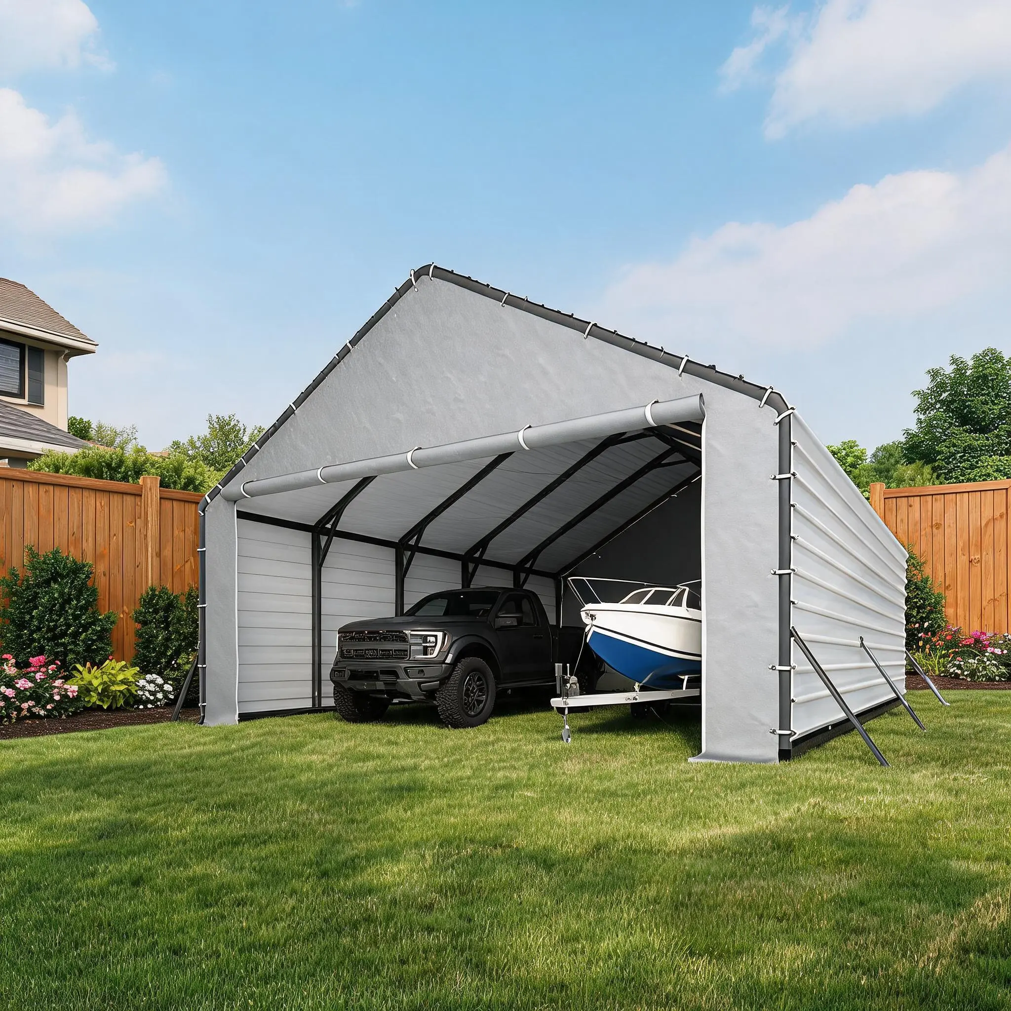 Heavy-Duty PE Enclosure Kit (2-Pack) for Metal Carport - 220gsm Roll-Up Zipper Door Panels for 20x25, 20x20 ft, with Ball Bungees, Gray