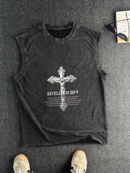 Cotton Vintage Distressed Men's Vest Round Neck Trendy Sleeveless Shirt, Summer Fashion for Men, Casual Knitwear, Age 35-44, Moderate Thickness