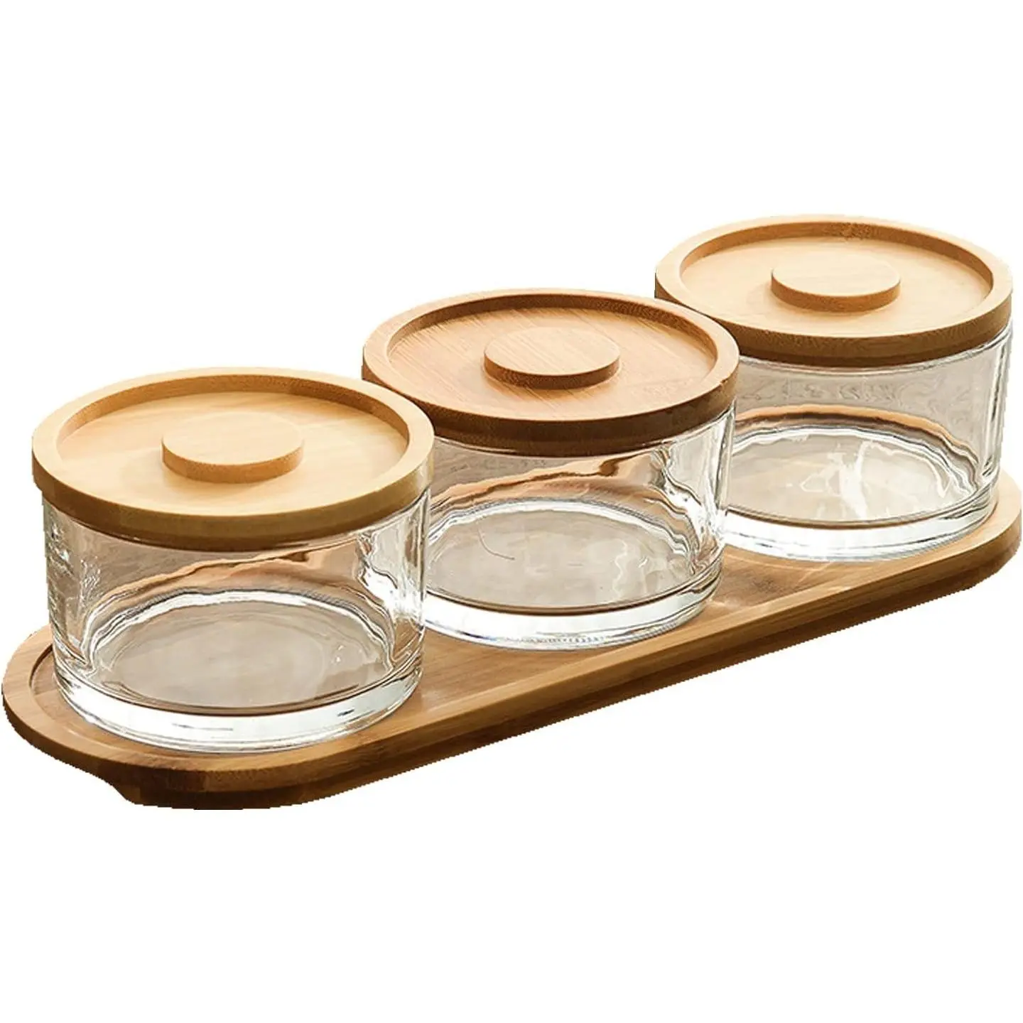 Chip and Dip Serving Set with Bamboo Tray, Snack Candy Fruit Nut Serving Platter, Small Glass Dipping Serving Bowls with Lids for Condiments, Side Dishes, Pre, Dessert, Salsa (3 Slots)