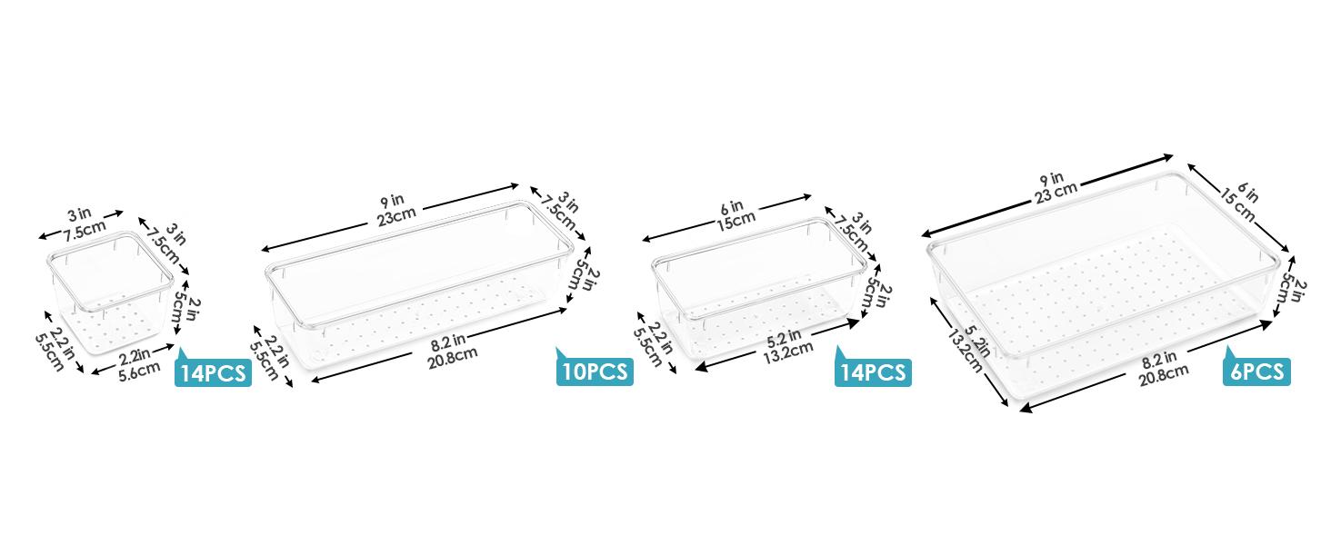 44 PCS Clear Plastic Drawer Organizers Set, 4-Size Versatile Bathroom and Vanity Organizer Trays, Non-Slip Storage Containers for Makeup, Jewelries, Bedroom,Kitchen Utensils and Office 44 PCS Clear Plastic Drawer Organizers Set, 4-Size Versatile Bathroom and Vanity Organizer Trays, Non-Slip Storage Containers for Makeup, Jewelries, Bedroom,Kitchen Utensils and Office