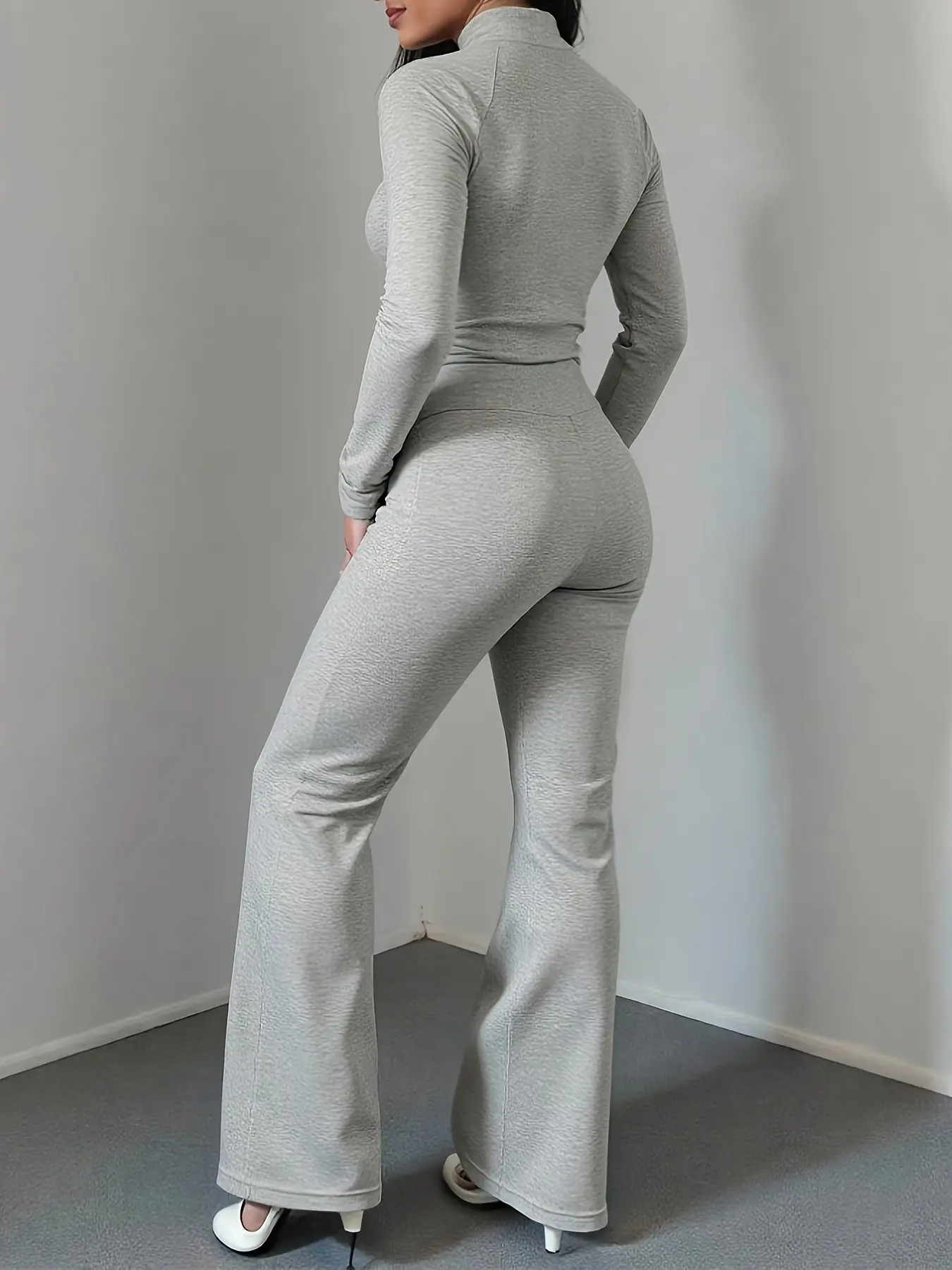 2pcs Set Fitted Long Sleeve Top and Flare Pants, Fall Fashion for Women, Comfortable, Chic and Stylish Clothing Ensemble