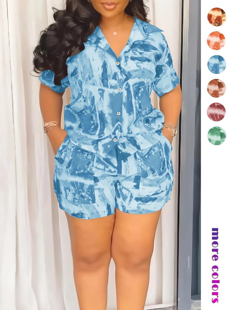 Two-piece Set Women's All Over Print Short Sleeve Shirt & Shorts, Casual Button Up Top & Shorts for Daily Wear, Ladies Summer Clothes, Fashion Clothes Set