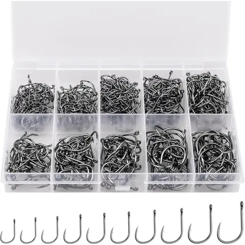 Premium Carbon Steel Circular Hook-and-Loop Fishing Tackle Set - 500pcs, 10 Sizes, Barbed Sturdy Sharp No-Escape Design, 5.1In × 3.5In × 0.71Inch Portable Plastic Box, Barbs for Freshwater/Seawater