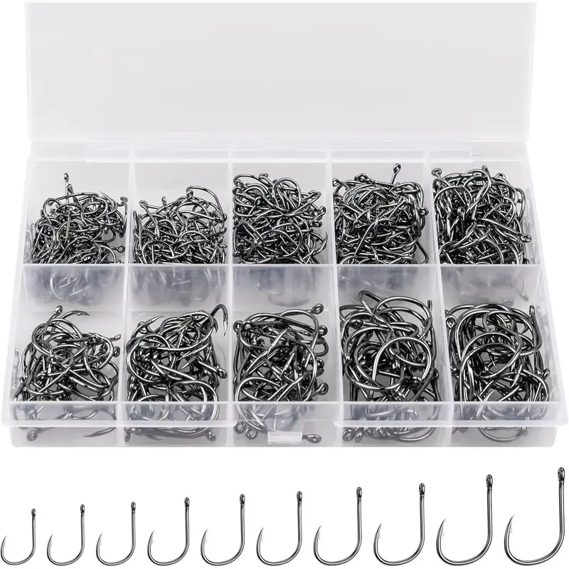Premium Carbon Steel Circular Hook-and-Loop Fishing Tackle Set - 500pcs, 10 Sizes, Barbed Sturdy Sharp No-Escape Design, 5.1In × 3.5In × 0.71Inch Portable Plastic Box, Barbs for Freshwater/Seawater
