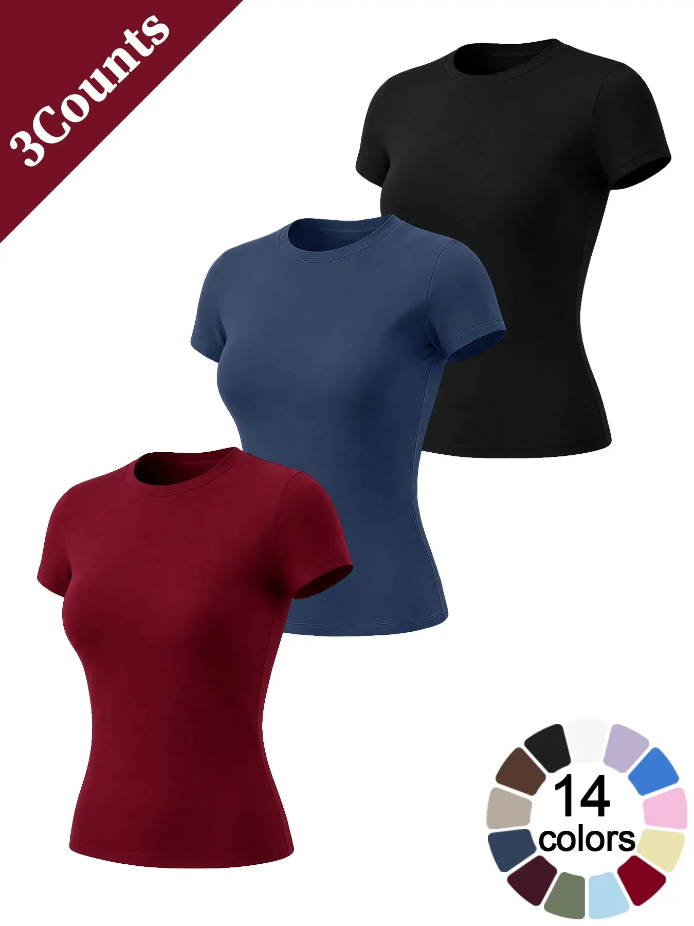 Women’s 3 Pack Workout T Shirts Short Sleeve Crew Neck Cooling 4 Way Stretch Buttery Soft Slim Fit Moisture Wicking Quick Dry Yoga Tops for Gym Running Outdoor