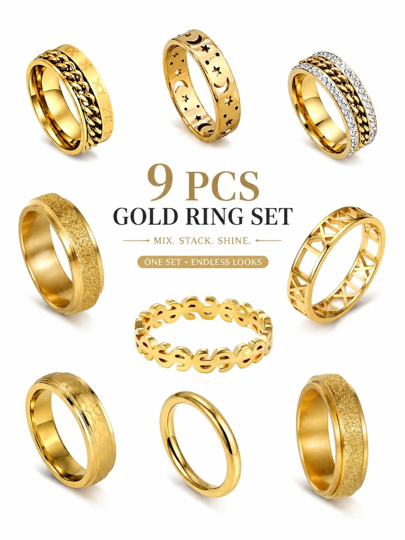 9-Piece Punk Style Stainless Steel Neutral Rings Set, Stackable Rings, Fashionable Smooth, Matte, Cross, Diagonal, Chain Designs, Perfect for Daily Wear, Parties, Gifts