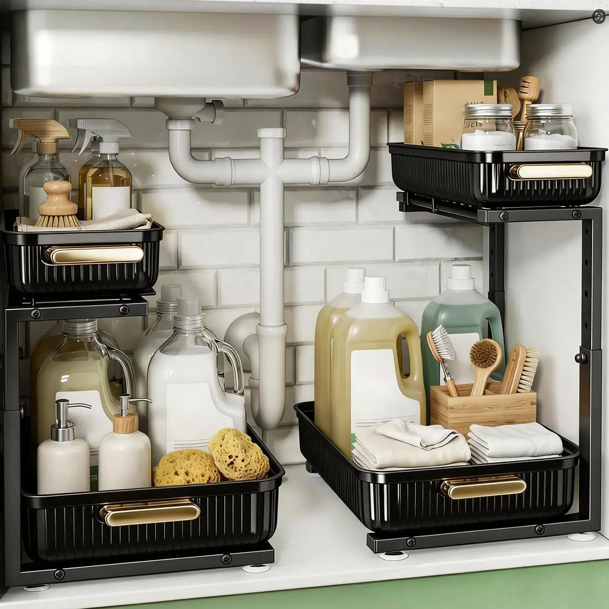 2 Packs Multi-Purpose Pull-Out Storage Organizers, Slide out Pull out Cabinet Organizer Shelf, Storage for Kitchen Bathroom