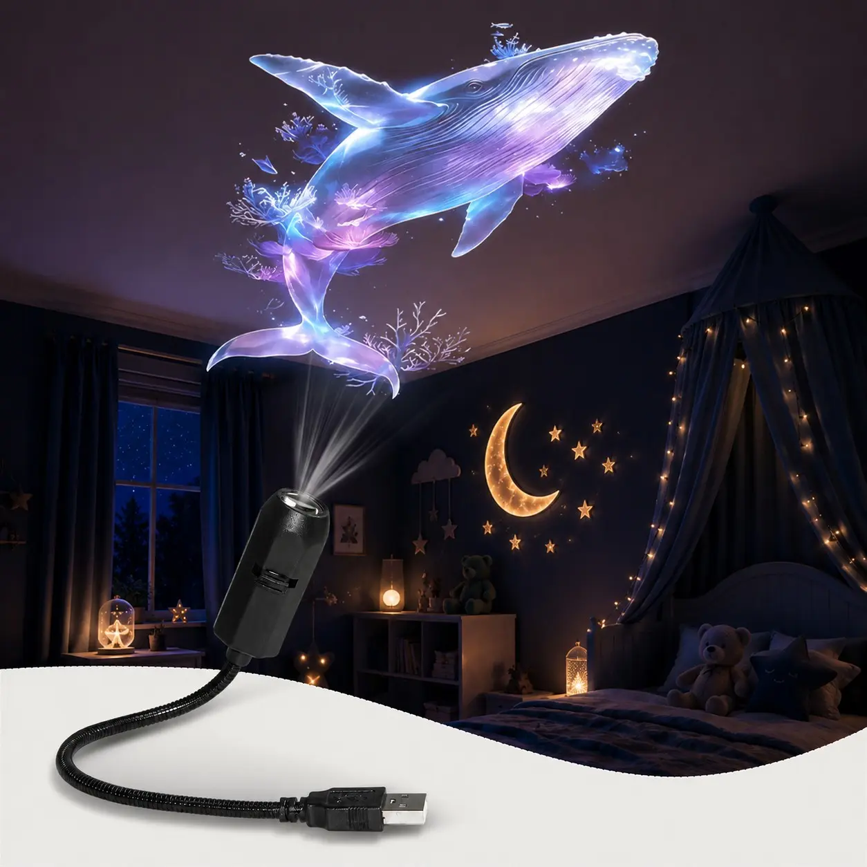 LED Ocean Projection Lamp, USB Powered Decorative Art Light with 6 Pattern Discs, Whale, Butterfly, Jellyfish and Starfish Mood Lighting for Bedroom, Home and Party Decor