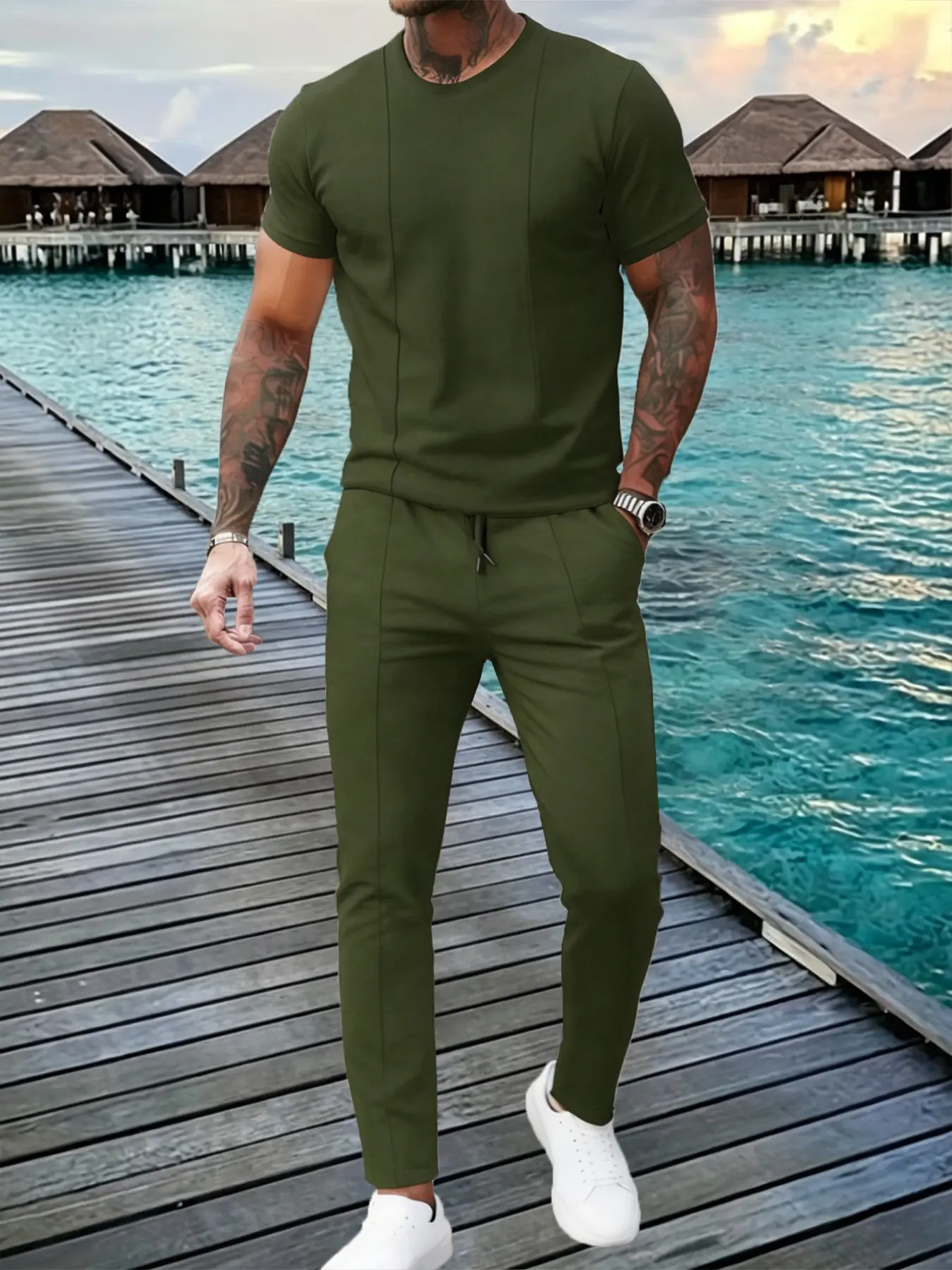 Men's Plain Textured Suit Set, Breathable Short Sleeve Top, Fitted Drawstring Long Pants, Casual Beachwear, Daily Wear, Menswear