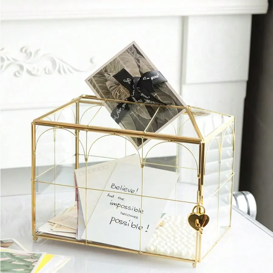 Gold Glass Wedding Card Box With Slot, 10.2 X 5.9 X 7.9 Inches Handmade Vintage Gold Wedding Card Boxes For Reception, Keepsake, Baby Shower, Graduation, Party Decorative Box