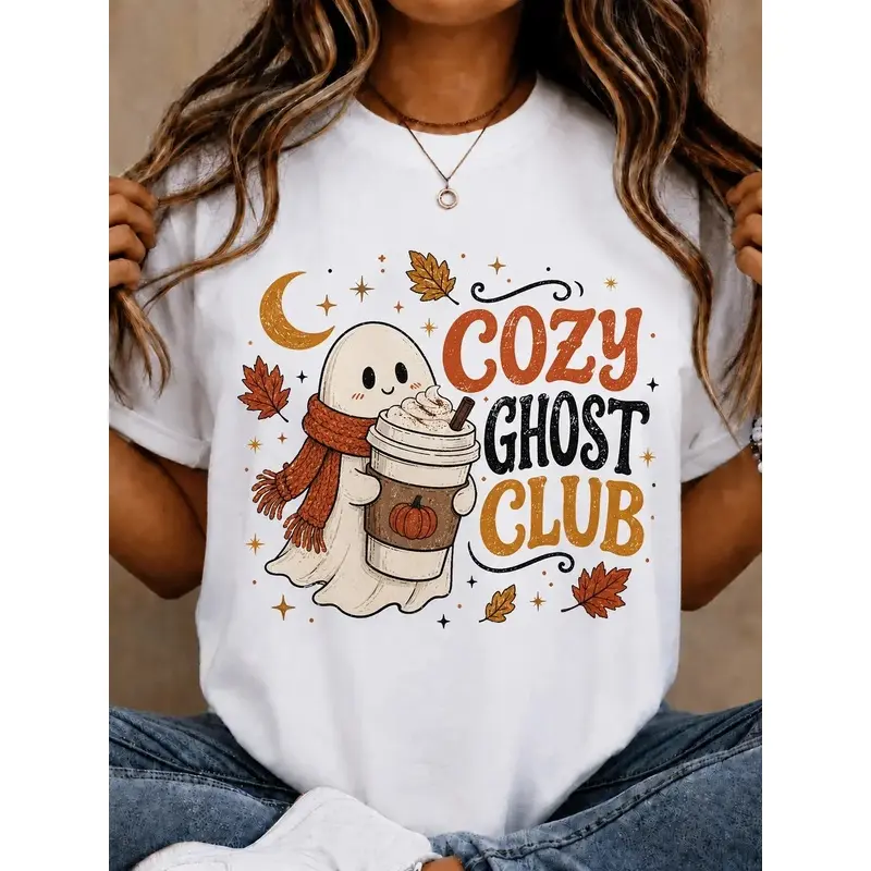 Women's Halloween T-Shirt - Cozy Ghost Club Design, Adorable Ghost, Fall Leaves, Festive Womenswear Top Crew Neck Daily Wear Machine Washable