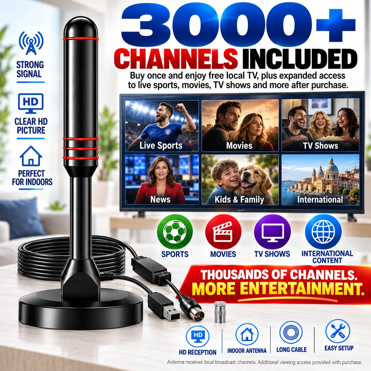 TV Antenna Compatible for Smart TV Indoor, Digital Antenna for Local Channels with Free HD Channels, 4K/1080P Signal Reception, Long Range Suitable for for Local TV Tuner, Computer & Smart Devices, No External Device Required