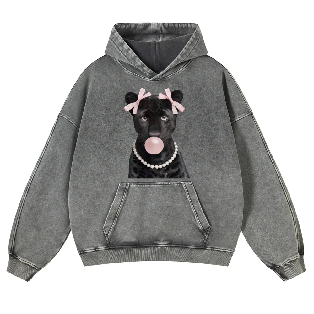 Vintage Mineral Wash Hoodie with Coquette Black Panther Graphic, Unisex Super Soft Cotton Blend Pullover, Grunge Streetwear Top for Casual Spring Fit, Tops, Long Sleeve, Thick, Jeans, Sweatshirts, Longsleeves, Fabric, Casual Wear, Graphic Print, Multi-Siz