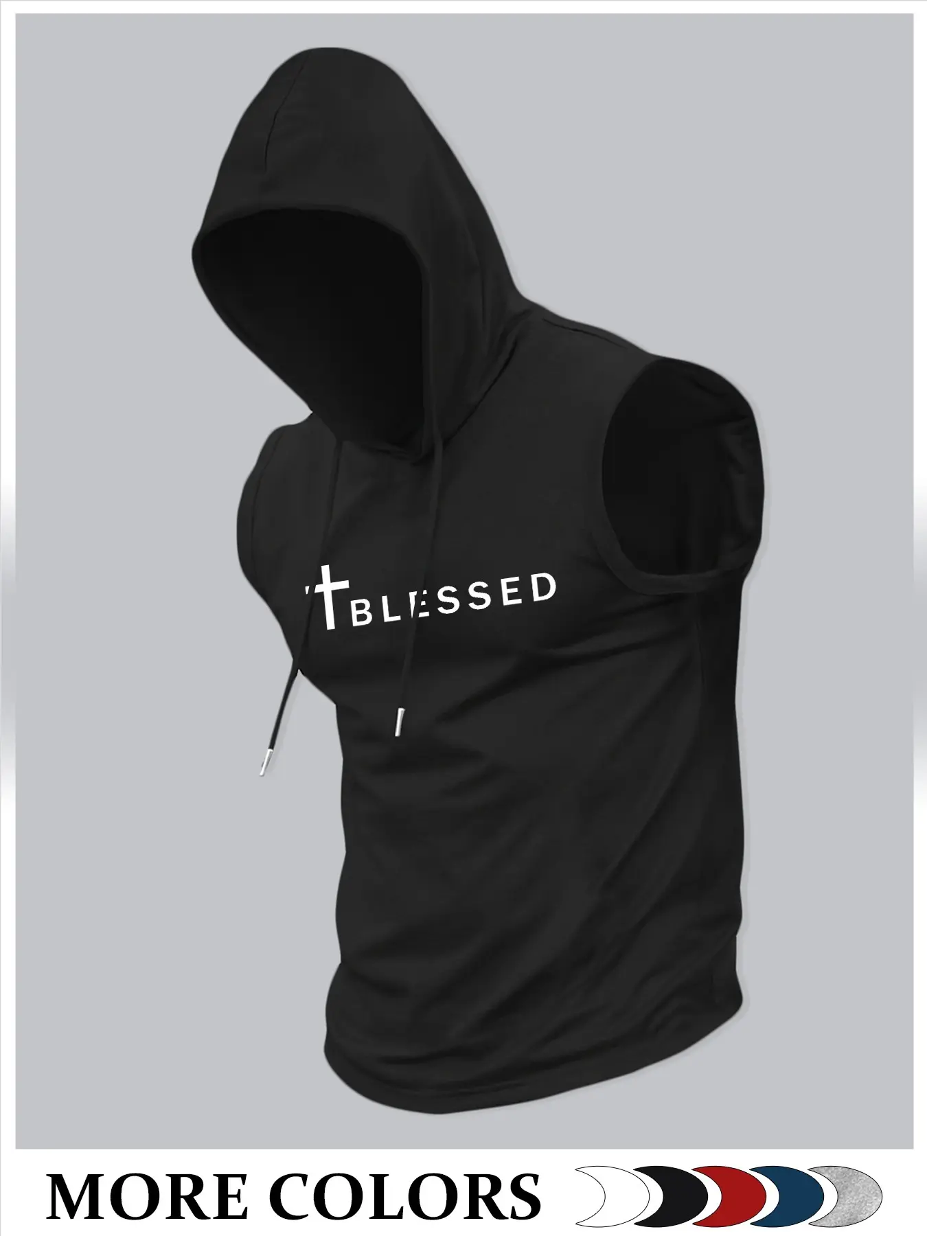 men sleeveless hooded tank top cross blessed letter print casual street pullover hoodie vest