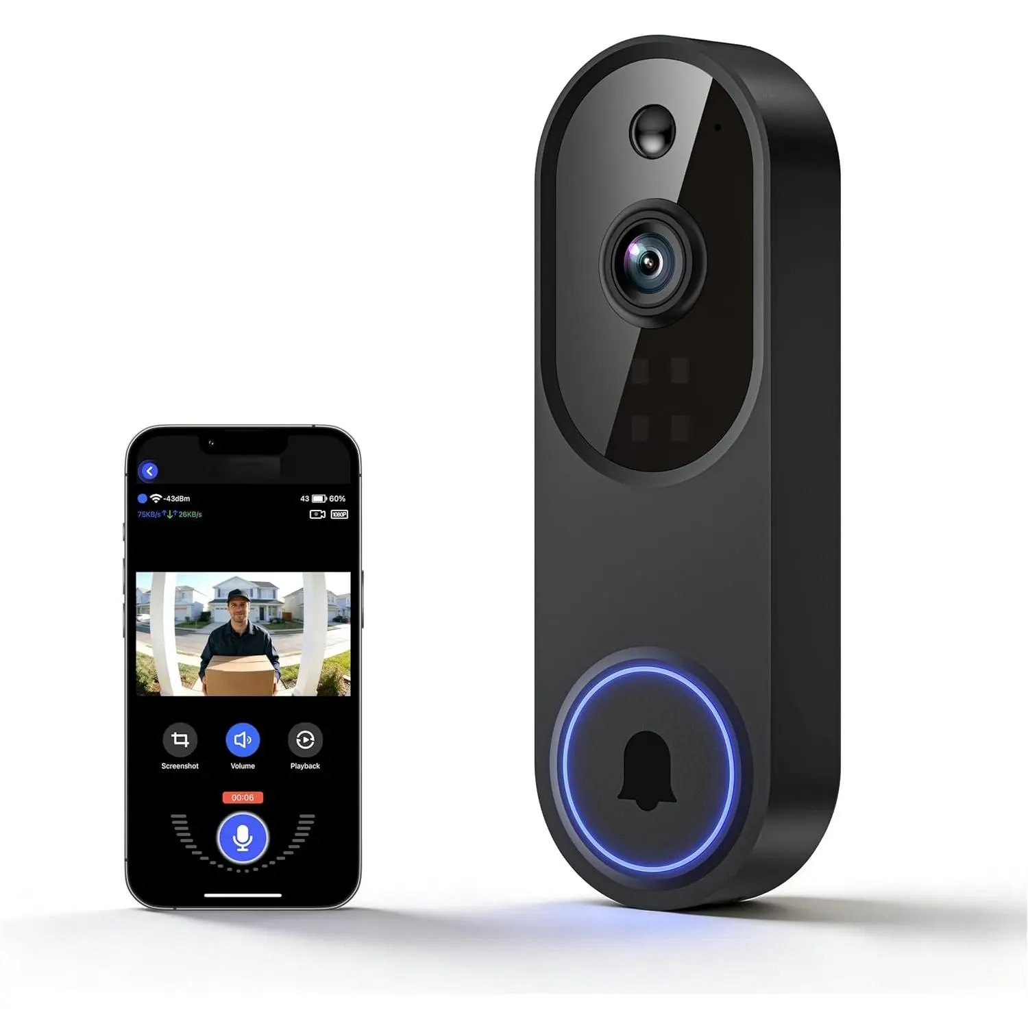 1080P Wireless Video Doorbell Camera, Outdoor Surveillance Cameras, FHD Live View, Cloud Storage, AI Human Detection, Instant Alert, Night Vision, Two Way Audio, 2.4G WiFi Only