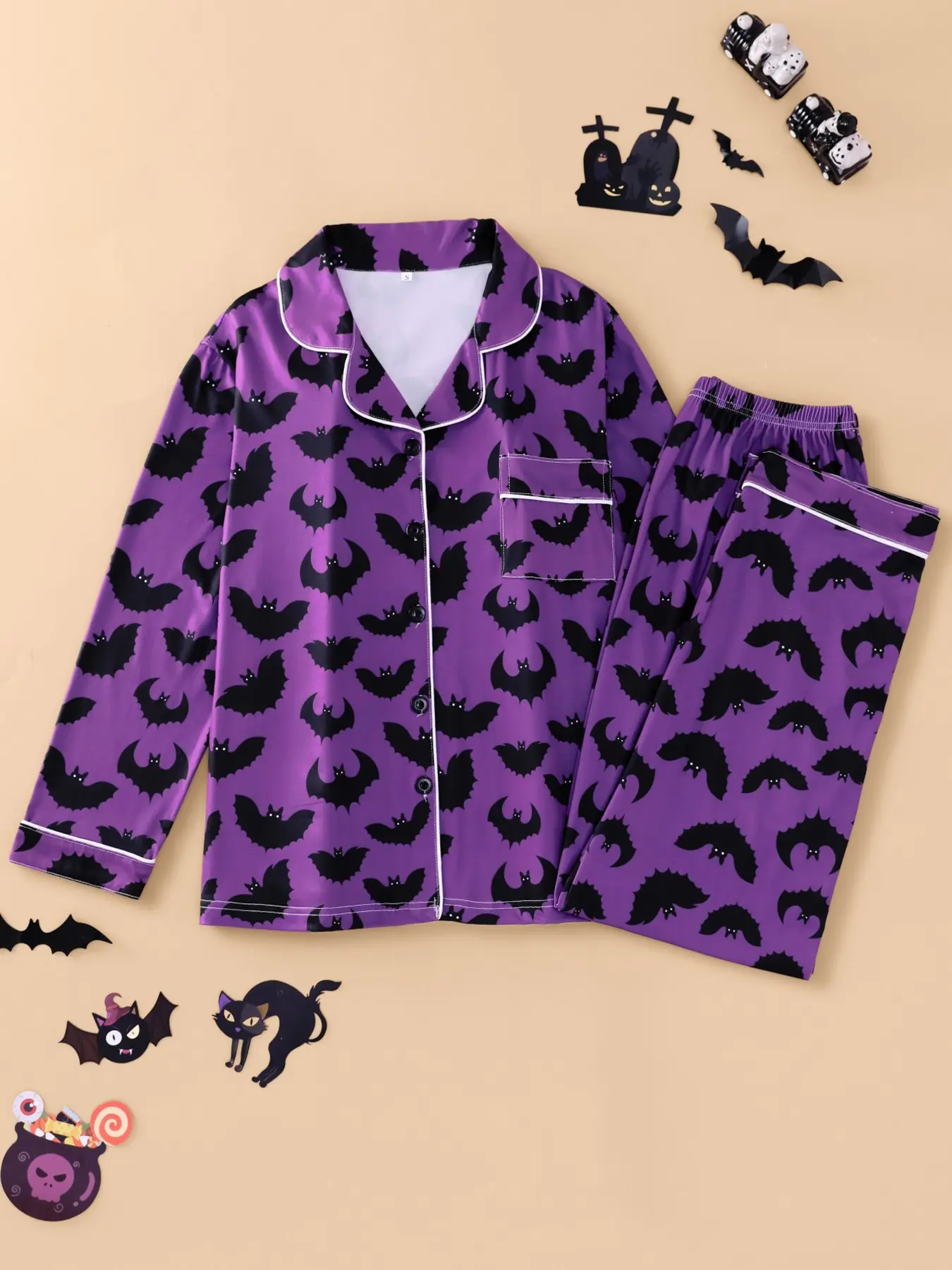 Women's 2-piece pajama set Pjs, purple base with simple black bats classic Halloween print, minimalist retro spooky style. White piping lapel top with chest pocket, soft elastic waist long pants, comfy all-season casual loungewear for women