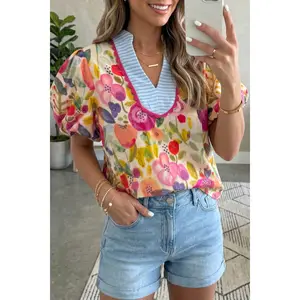 Rose Floral Print V Neck Short Puff Sleeve Cotton Blouse