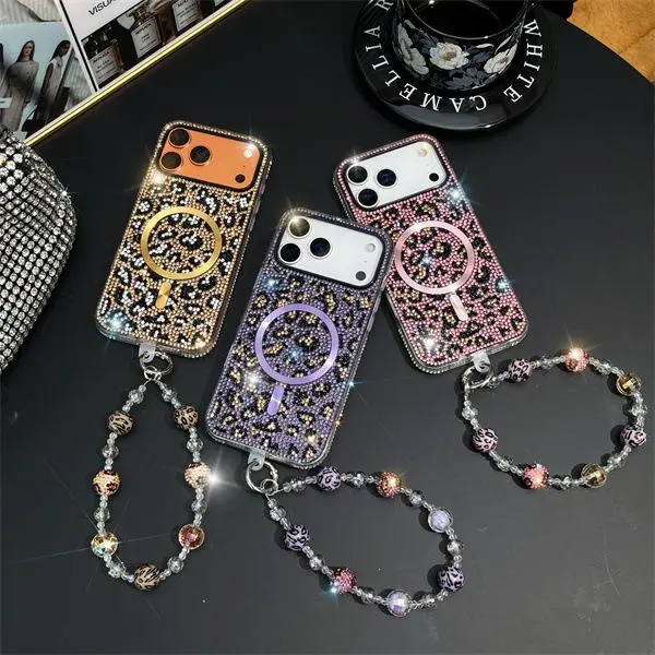 Compatible with iPhone 17/16/15/14/13/12 | Luxury Anti-Drop Full-Coverage Phone Case, Fully Rhinestone Embellished, Vintage Leopard Print with Built-in Magnetic Function HNZ0036