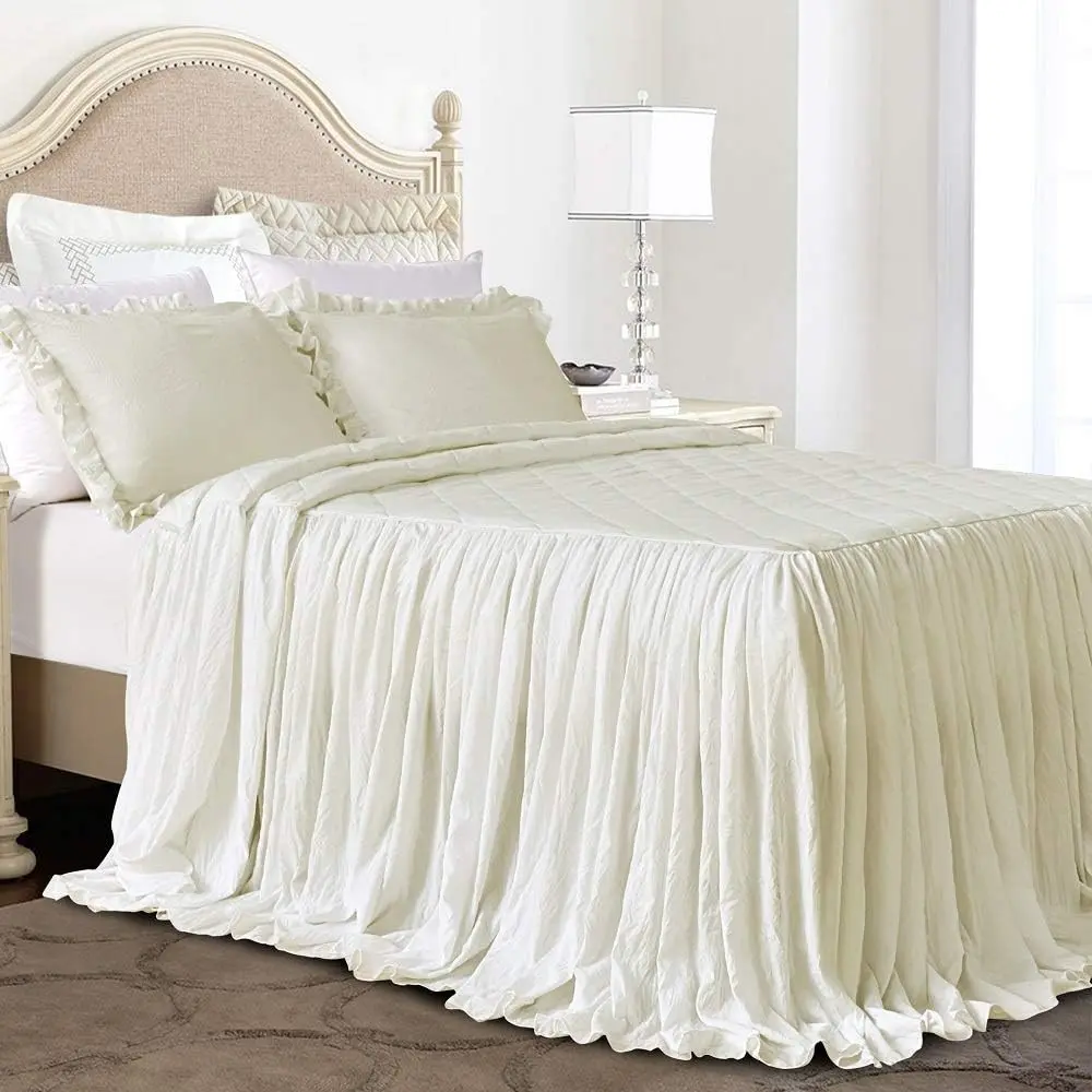 Ivory Elegant Shabby Farmhouse Ruffle Skirt Bedspread Ruffled Lightweight 3 Piece Queen Size Bed Spreads Bedding