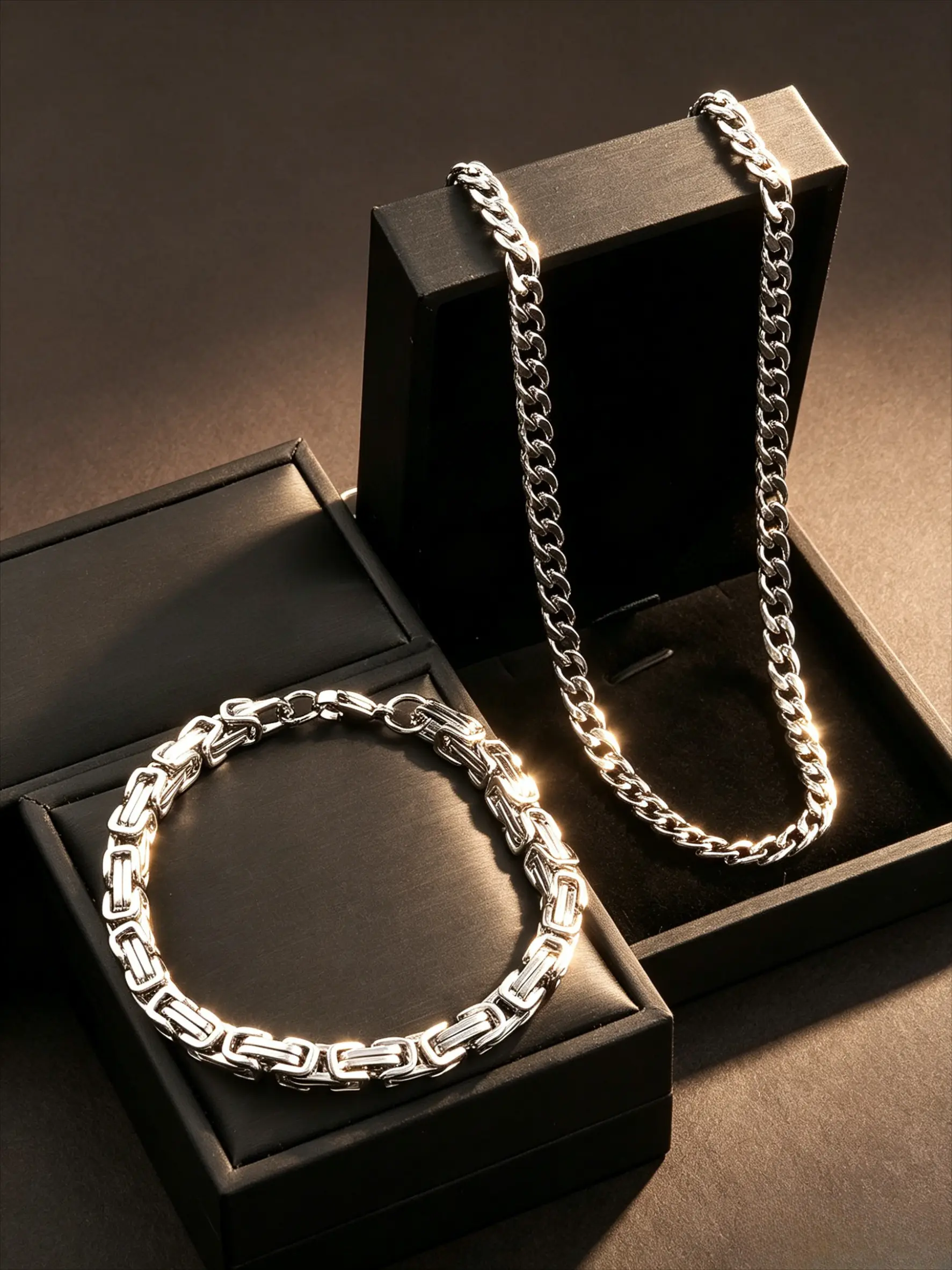 2Pcs Matching Chain Jewelry Set, 2 Tones 18K Gold Tone Silver Stainless Steel Byzantine Link Necklace Bracelet Set, Hypoallergenic Tarnish Free Unisex Vintage Hip Hop Stack Jewelry Jewellery Gift Set For Men Women