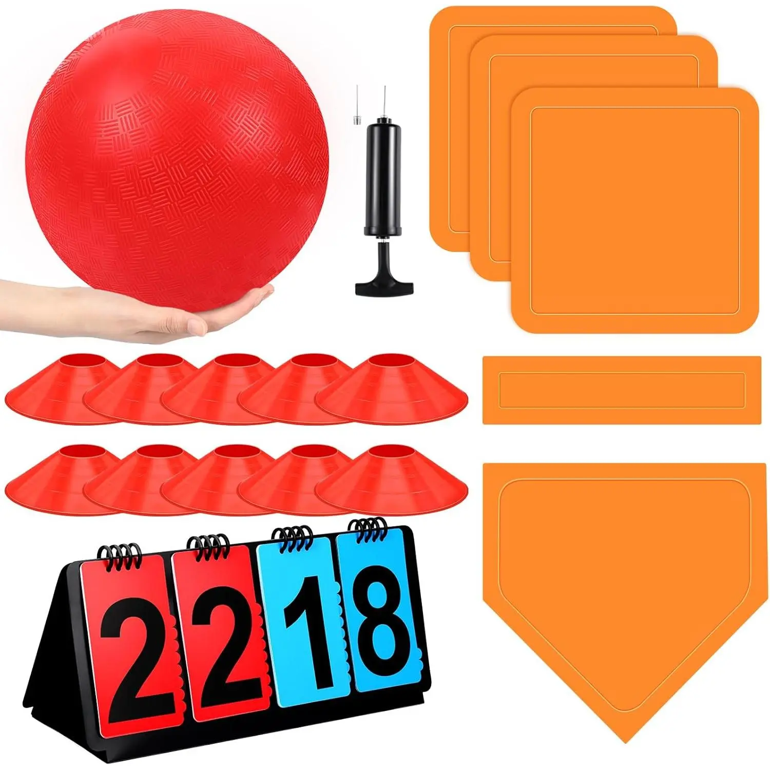 Complete Kickball Set for Adults & Kids with 10-Inch PVC Playground Ball, Rubber Bases, Scoreboard, Cones & Pump for Backyard, Park & PE Games, Camping, Inflatable, Ball Pump, Family Gathering, Unisex