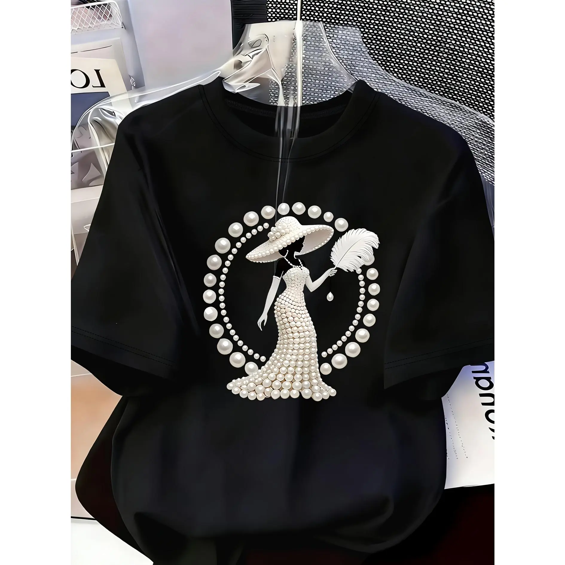 Women's Pearl & Crystal Embellished Portrait Print Short-Sleeve Crew Neck Polyester Knit Sports Top - Casual Tops, Soft Stretch, Machine Washable, Non-Dry-Cleanable, Normal Fit