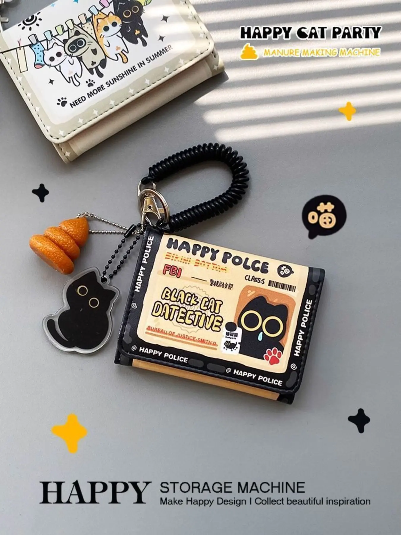 Happy PU Leather Fbi Cat Wallet, Cute Animal Pattern, All Seasons, Student Campus Card Holder, No Charm Included, Cute Zipper Wallet